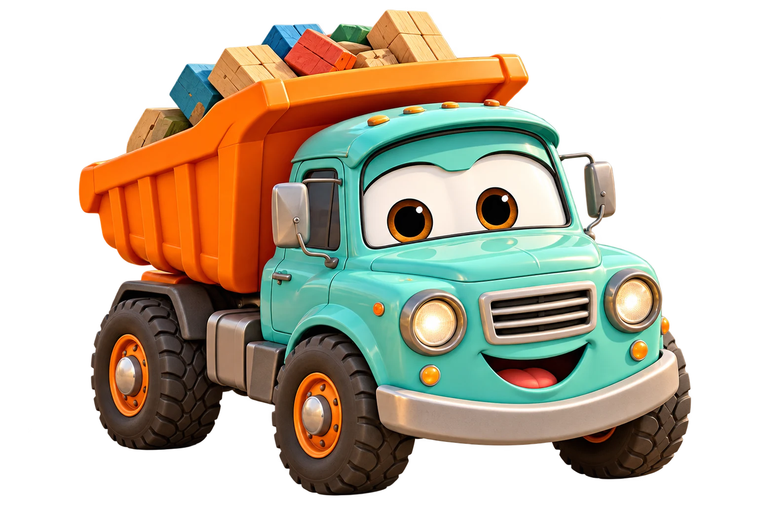 Ben, a turquoise dump truck with an orange cargo bed and wooden blocks