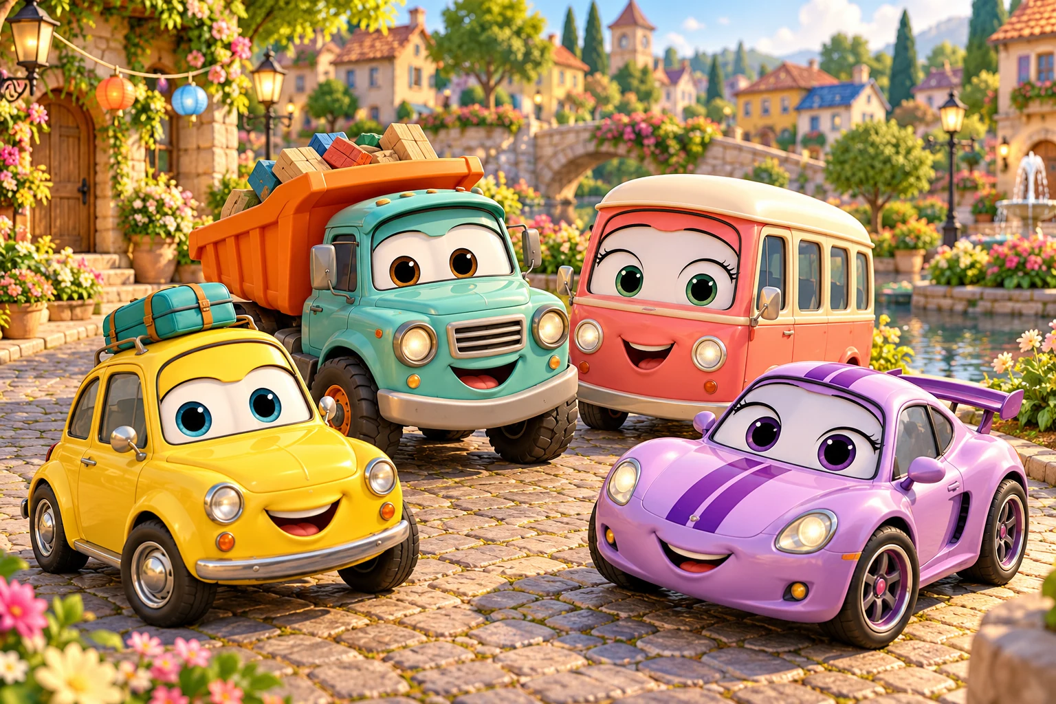 Milo the yellow car, Ben the turquoise dump truck, Rosie the pink bus, and Ruby the purple racer smiling together in a sunny garden town