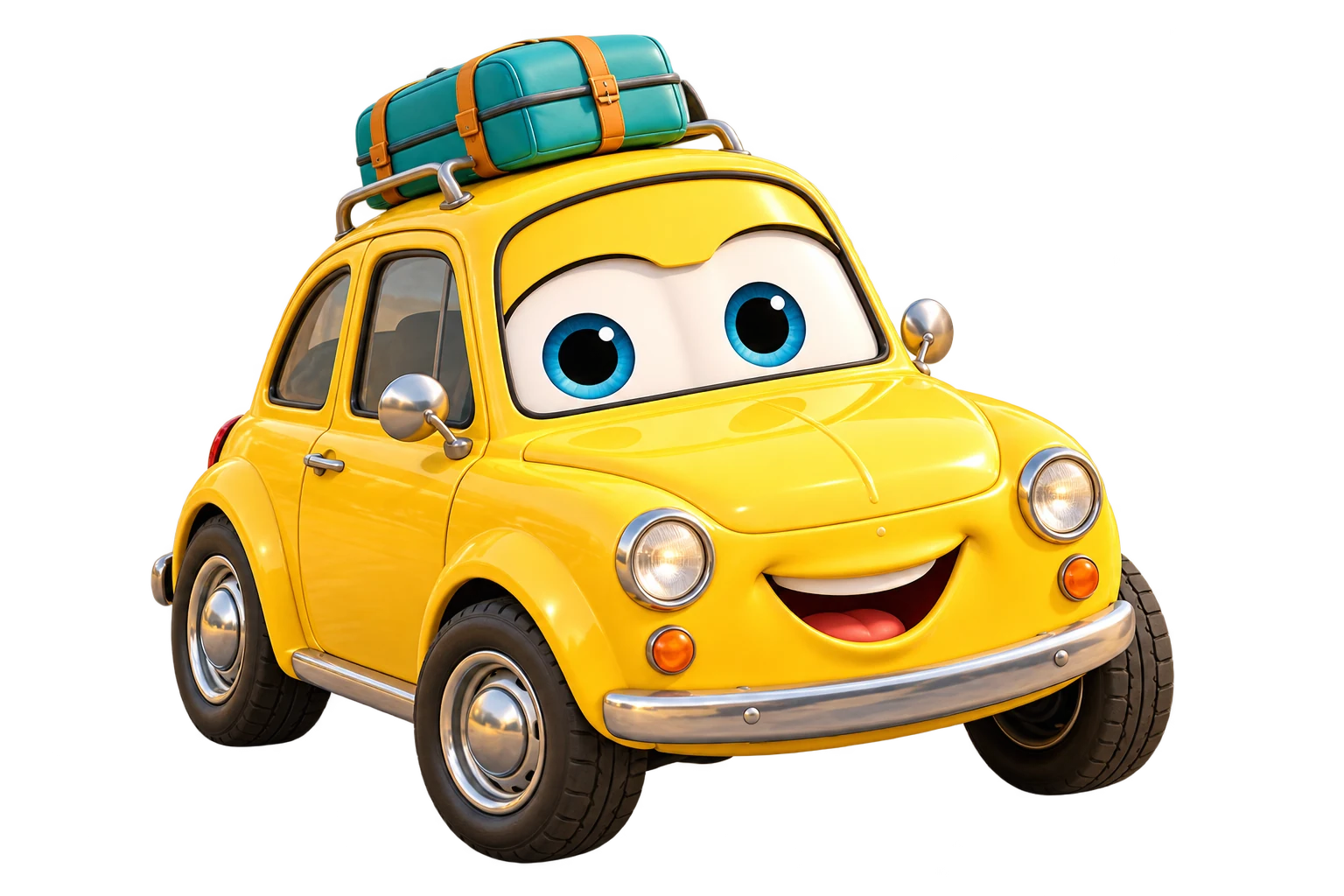 Milo, a smiling yellow car with blue eyes and a teal travel bag