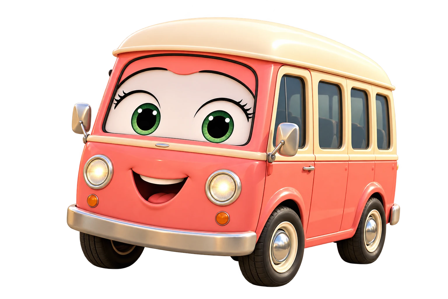 Rosie, a coral pink minibus with a cream roof and green eyes
